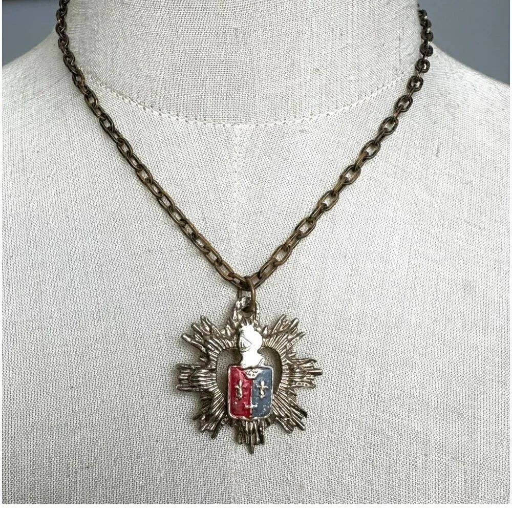 Vintage  Coat of Arms Gold Tone Enamel White Knight Starburst Medallion Pendant